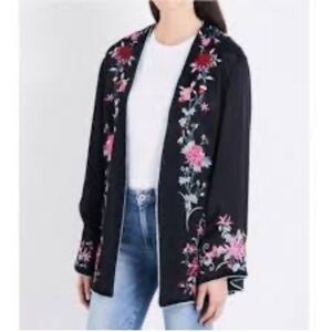 Free People Black Floral Embroidered Satin Robe Kimono Bell Sleeve S Artsy Boho